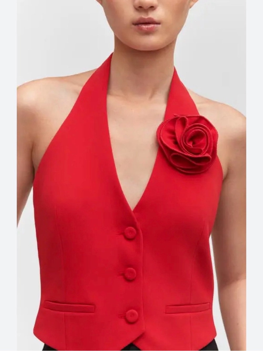 MANGO Red Halter Vest with Rose Accent